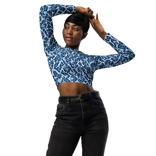 Blue Garden Lattice on a Long Sleeve Crop Top