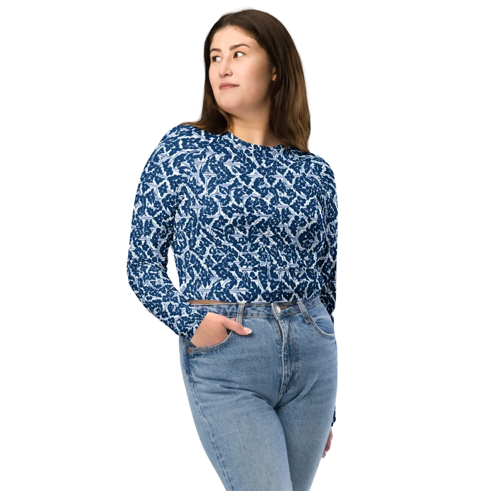 Blue Garden Lattice on Long Sleeve Crop Top — Front