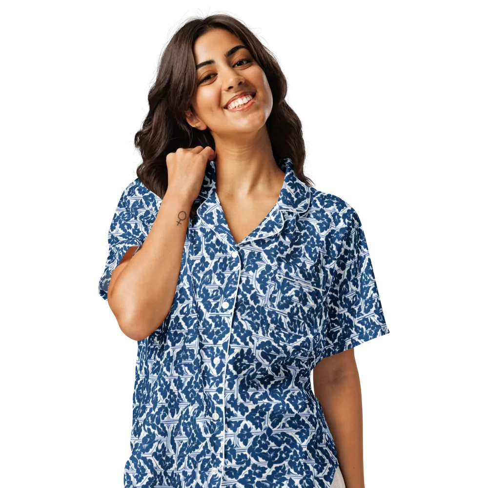 Blue Garden Lattice on Women's Short Sleeve Pajama Top — Front