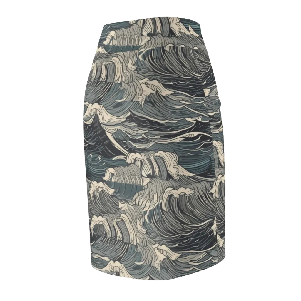Moonlit Breakers on Pencil Skirt — Back Side