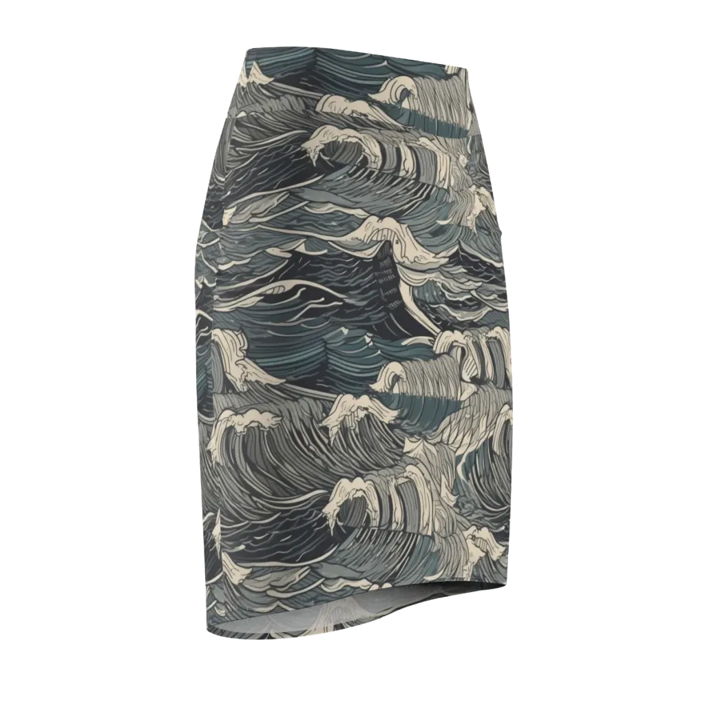 Moonlit Breakers on Pencil Skirt — Front Side