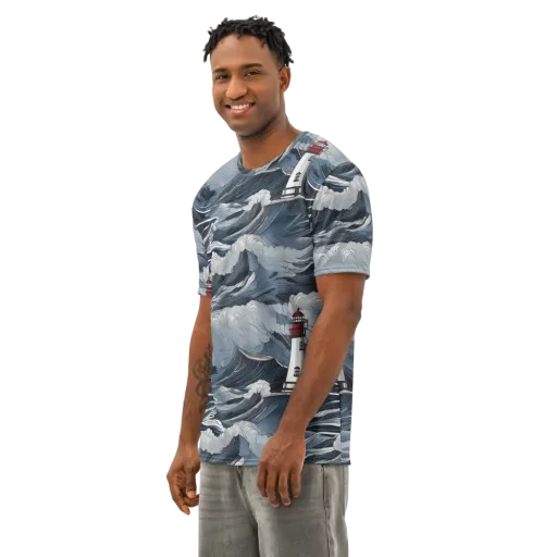 Midnight Lighthouse on a Men's Cotton Crew Neck T-Shirt