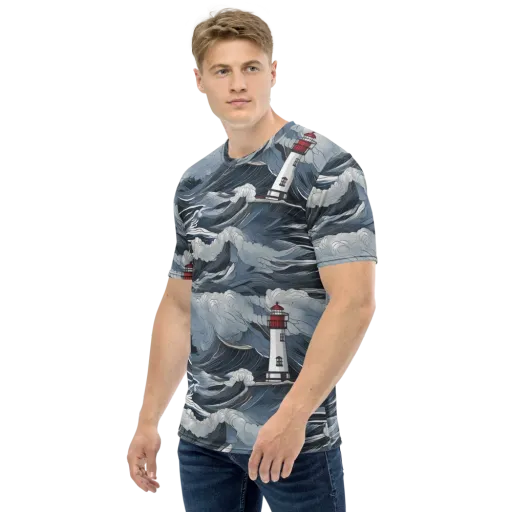 Midnight Lighthouse on a Men's Crew Neck T-Shirt