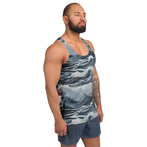 Midnight Lighthouse on a Men's Tank Top