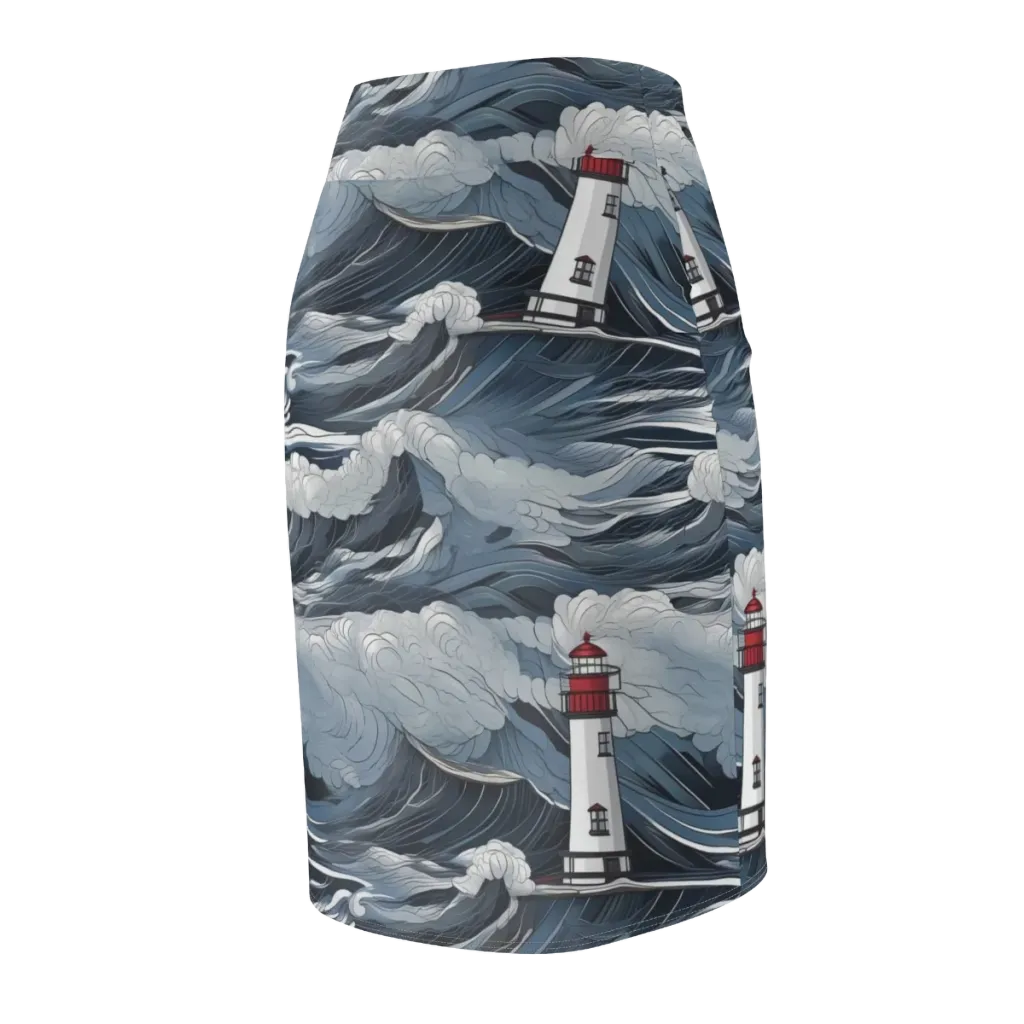 Midnight Lighthouse on Pencil Skirt — Back Side