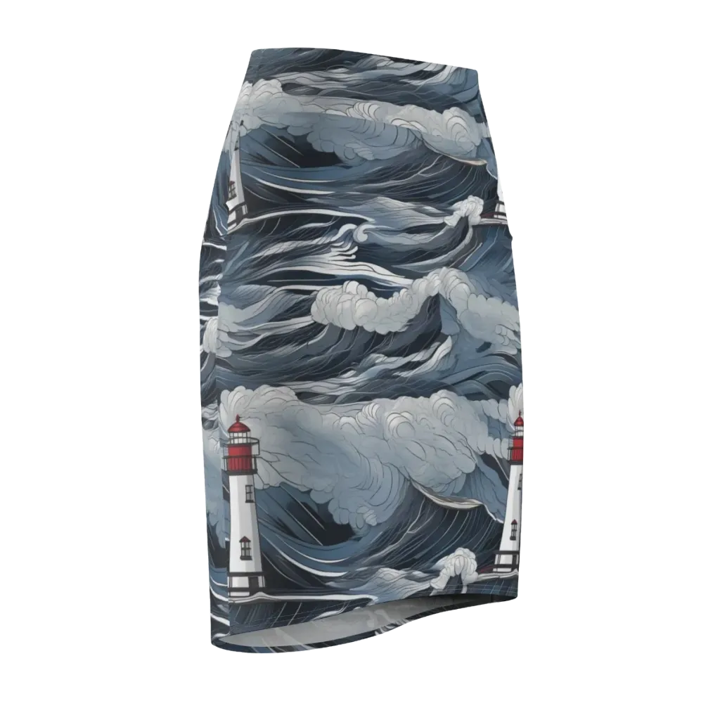Midnight Lighthouse on Pencil Skirt — Front Side