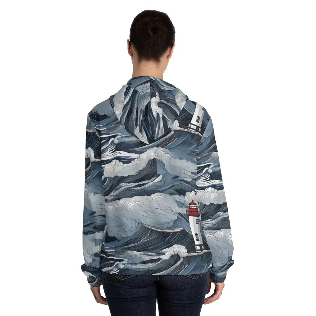 Midnight Lighthouse on Women's Full-Zip Hoodie — Back On Person