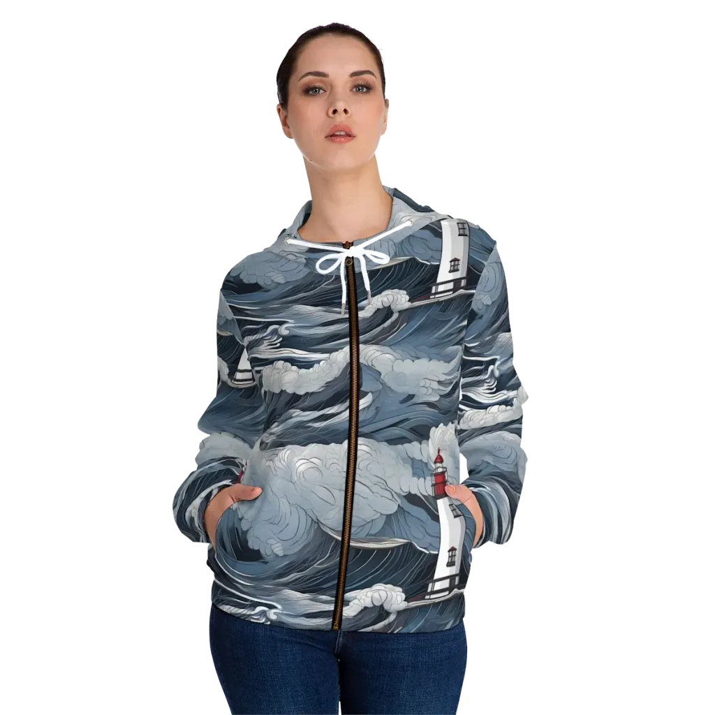 Midnight Lighthouse on Women's Full-Zip Hoodie — Front On Person