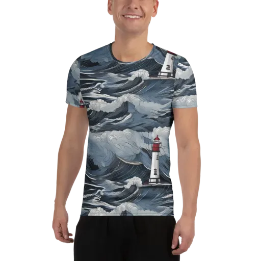 Midnight Lighthouse on a Men's Athletic T-Shirt
