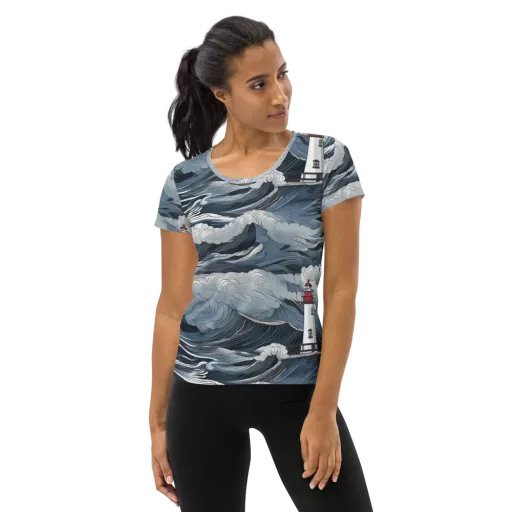 Midnight Lighthouse on a Women's Athletic T-Shirt