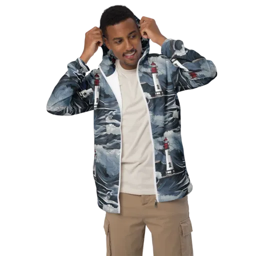 Midnight Lighthouse on a Men's Windbreaker