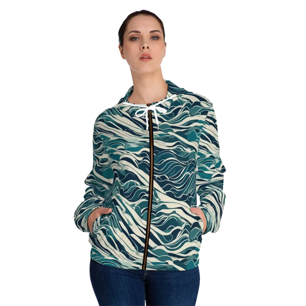 Teal Current on Women's Full-Zip Hoodie — Front On Person