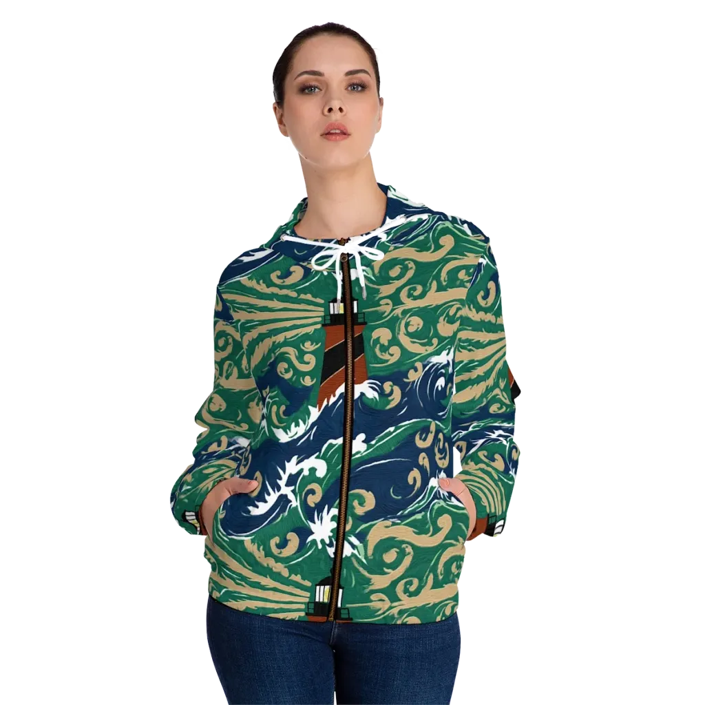 Beacon in the Breakers on Women's Full-Zip Hoodie — Front On Person