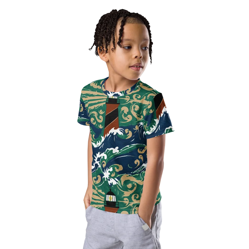Beacon in the Breakers on Kids Crew Neck T-Shirt — Left Front