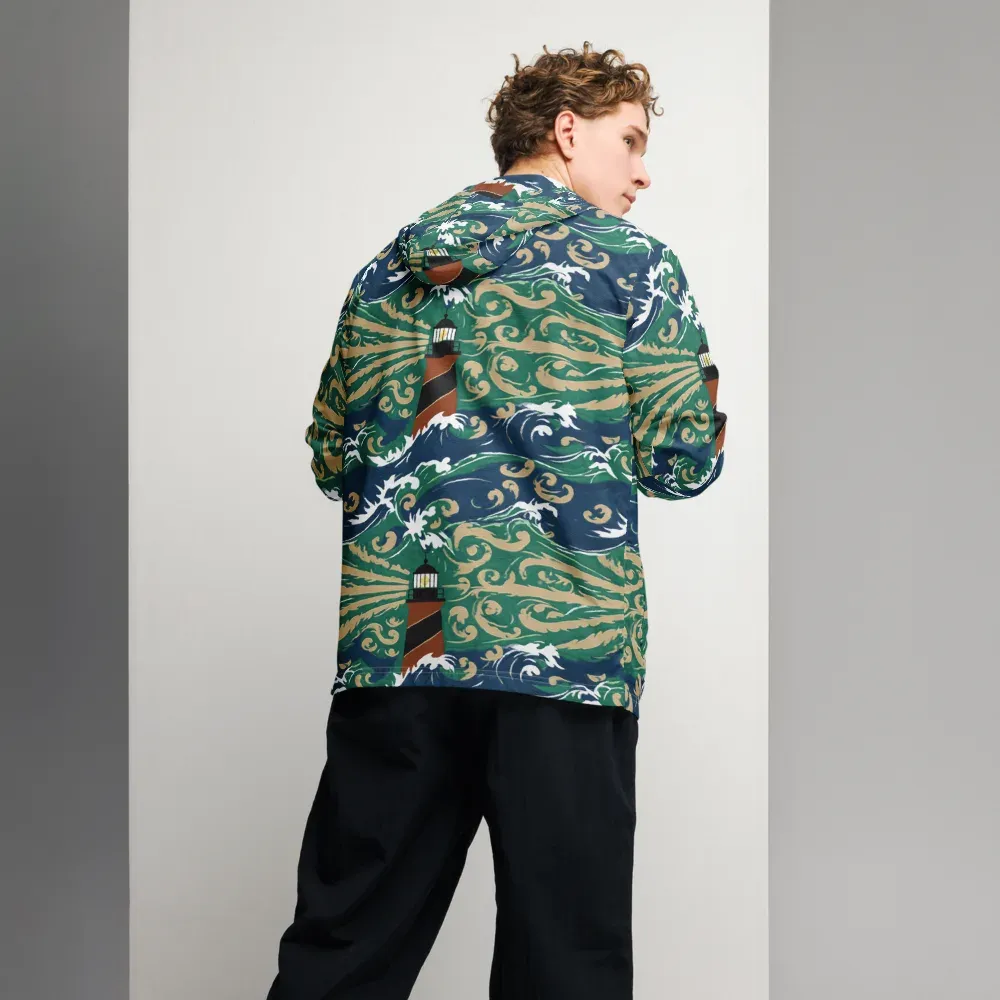 Beacon in the Breakers on Men's Windbreaker — Back