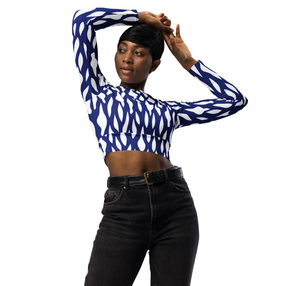 Indigo Interlace on Long Sleeve Crop Top — Front