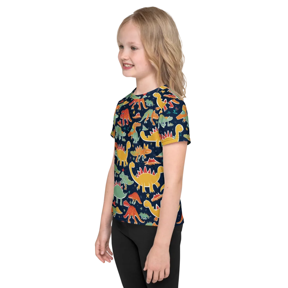 Dino Disco on Kids Crew Neck T-Shirt — Left