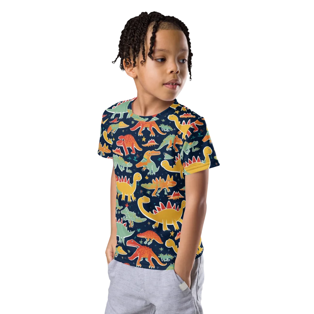Dino Disco on Kids Crew Neck T-Shirt — Left Front