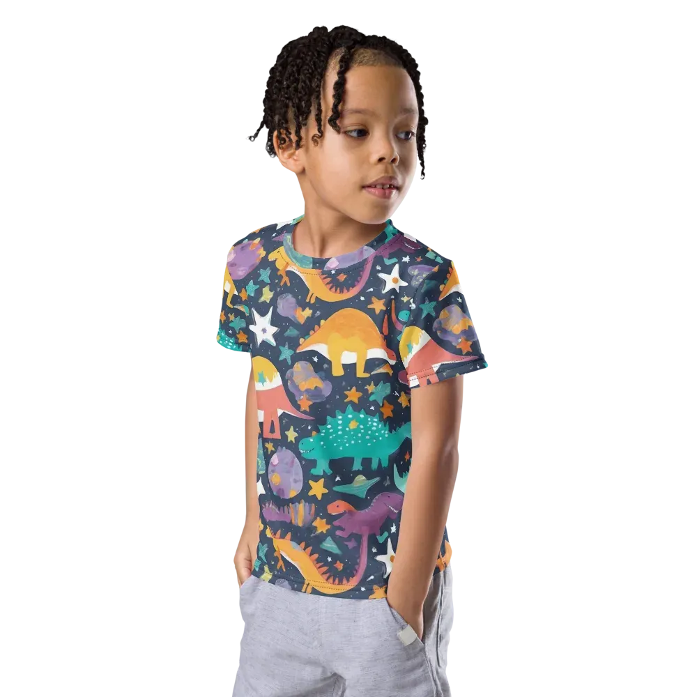 Dino Starfield on Kids Crew Neck T-Shirt — Left Front