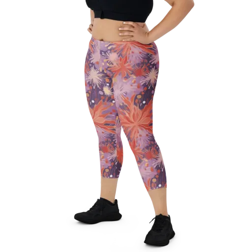 Coral Dusk Bloom on a Capri Leggings