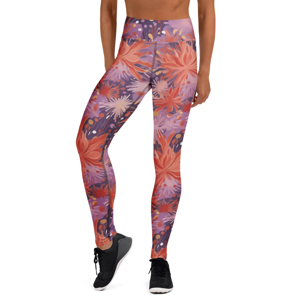 Coral Dusk Bloom on Yoga Leggings — Front