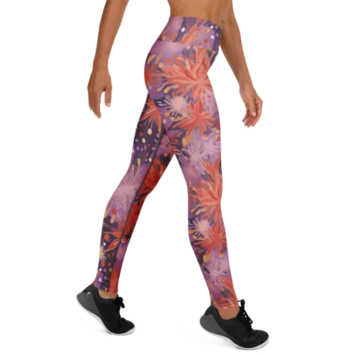Coral Dusk Bloom on a Yoga Leggings