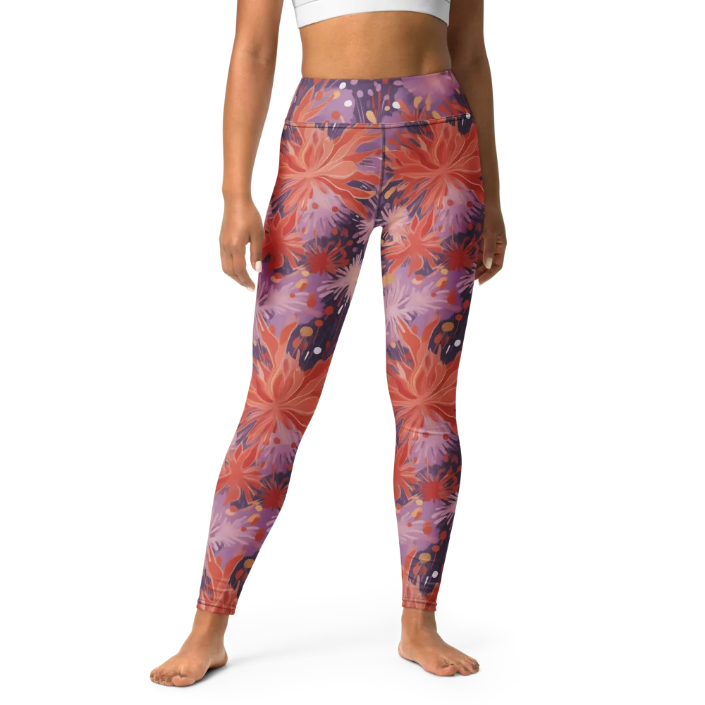 Coral Dusk Bloom on Yoga Leggings — Front