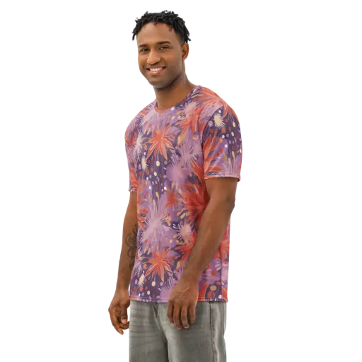 Coral Dusk Bloom on a Men's Cotton Crew Neck T-Shirt