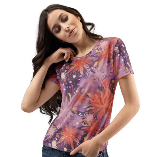 Coral Dusk Bloom on a Women's Crew Neck T-Shirt