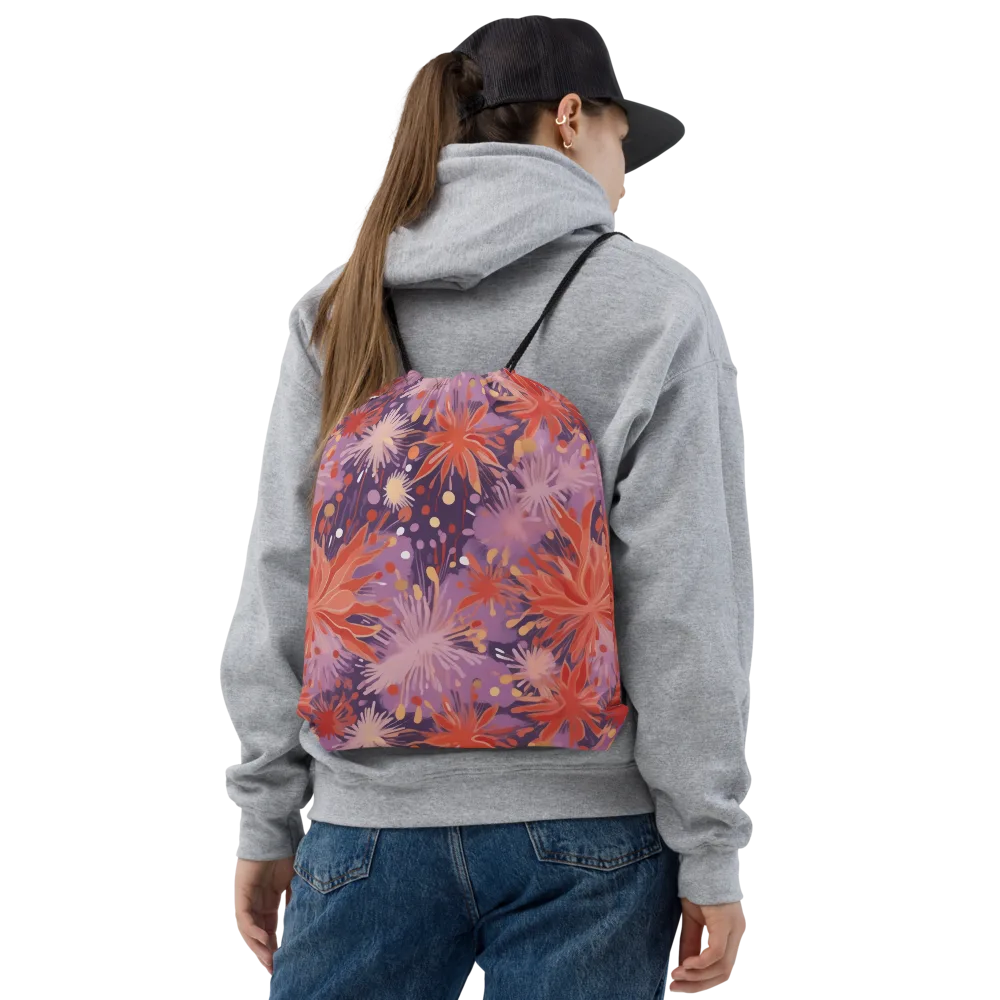 Coral Dusk Bloom on Drawstring Bag — Front