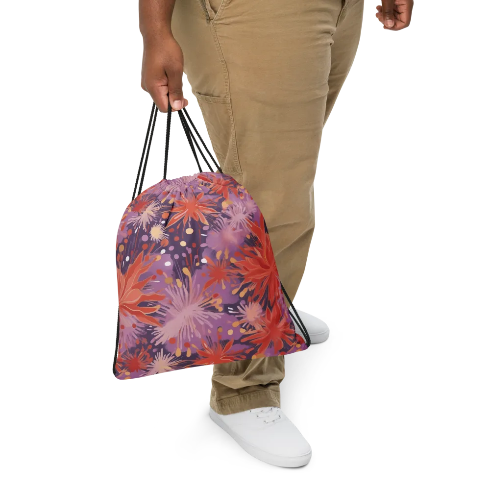 Coral Dusk Bloom on Drawstring Bag — Front