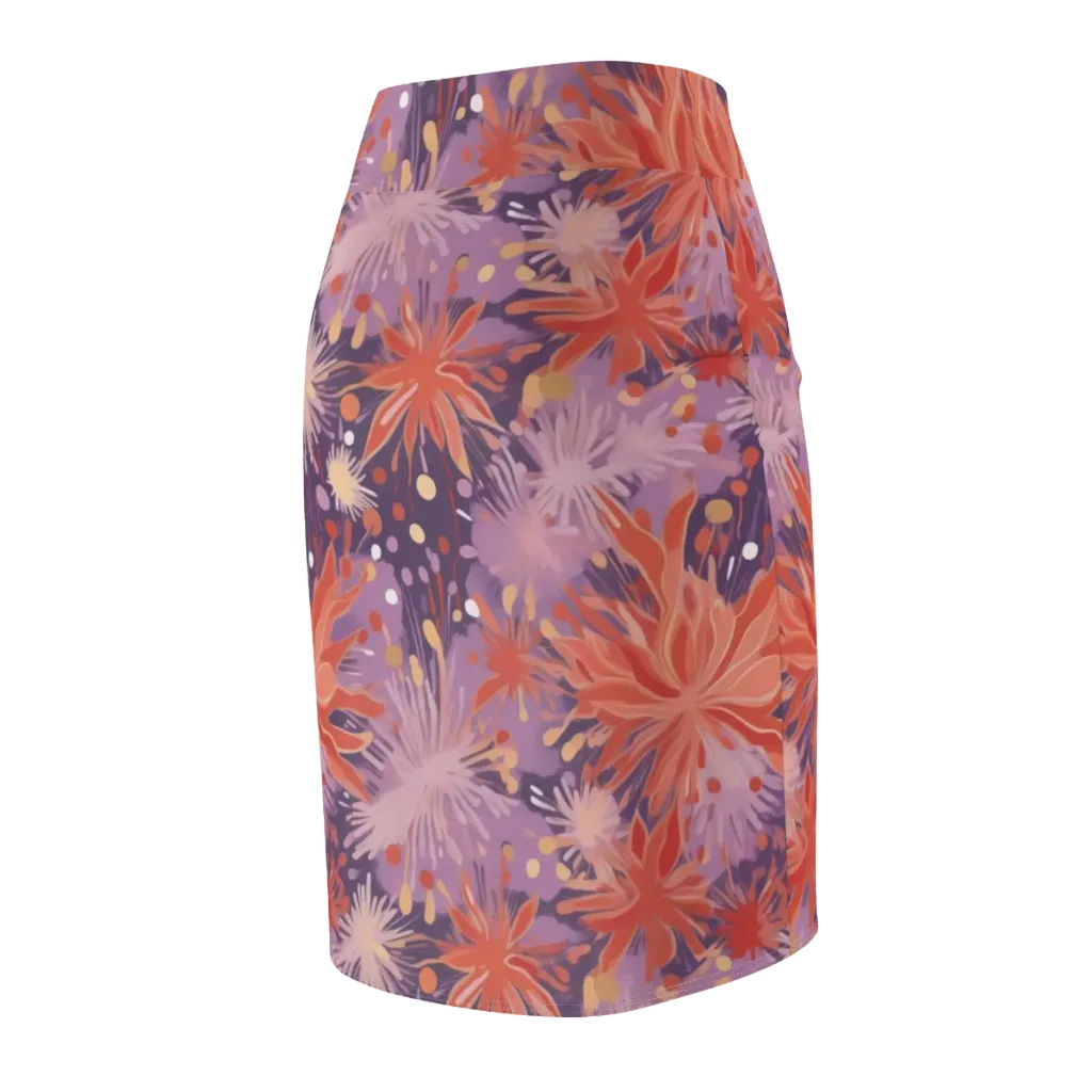 Coral Dusk Bloom on Pencil Skirt — Back Side