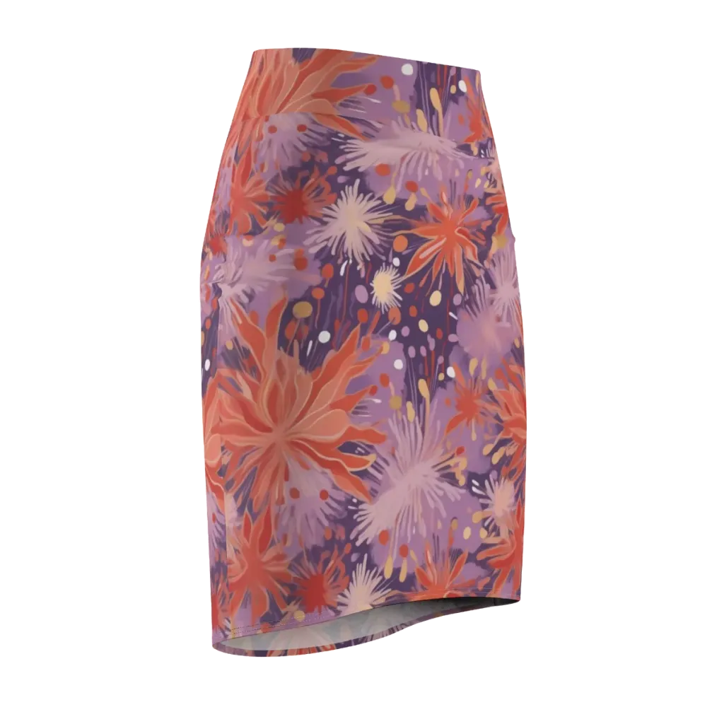 Coral Dusk Bloom on Pencil Skirt — Front Side