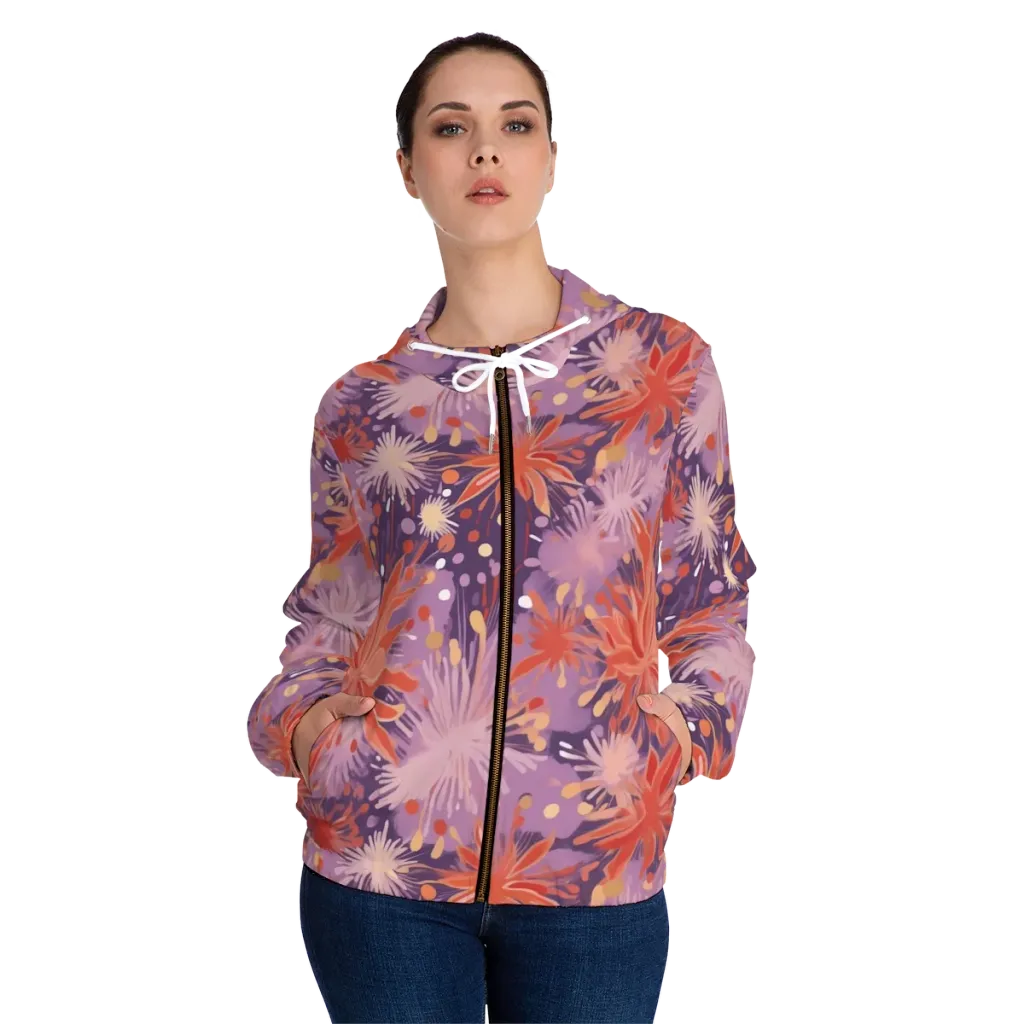 Coral Dusk Bloom on Women's Full-Zip Hoodie — Front On Person