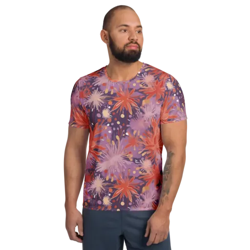 Coral Dusk Bloom on a Men's Athletic T-Shirt