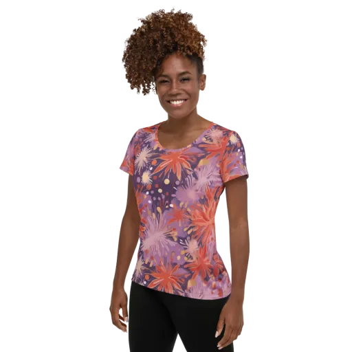 Coral Dusk Bloom on a Women's Athletic T-Shirt