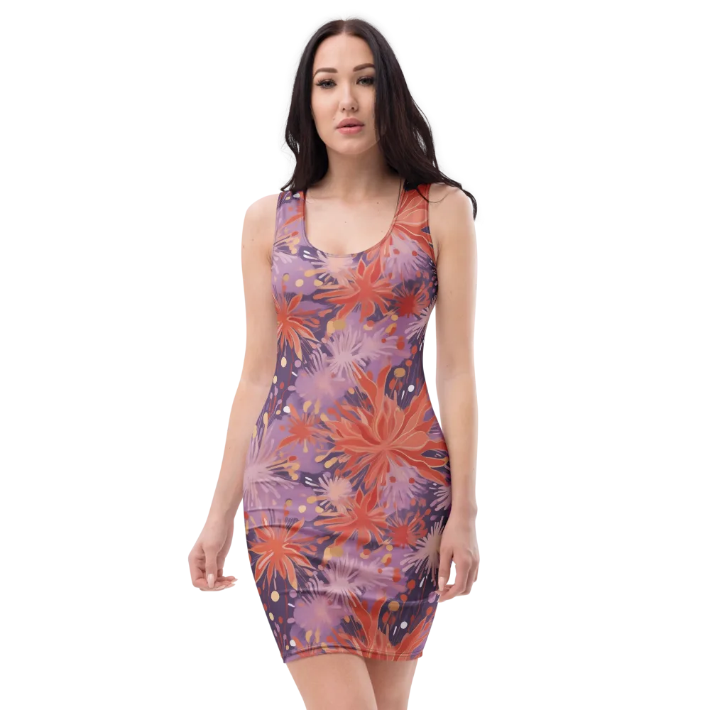 Coral Dusk Bloom on Bodycon Dress — Front