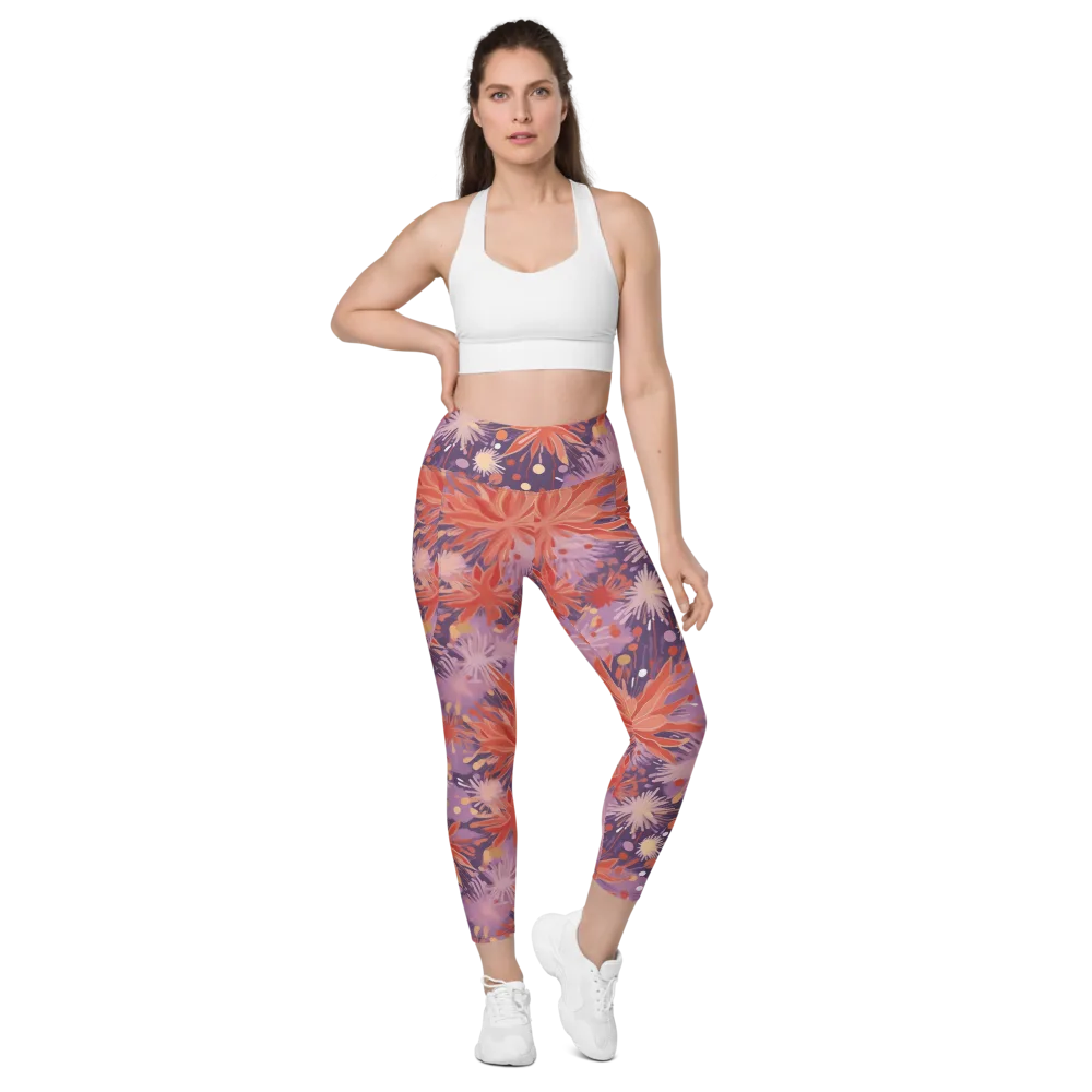 Coral Dusk Bloom on Leggings with Pockets — Front
