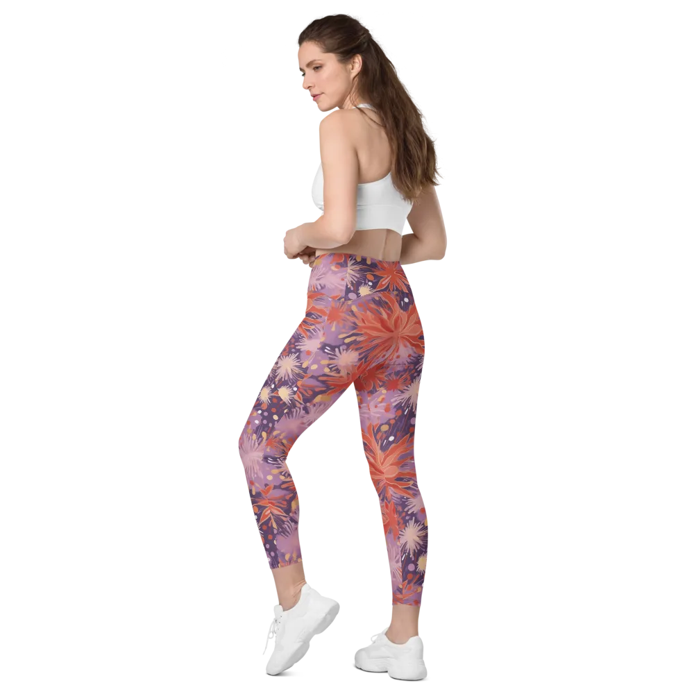 Coral Dusk Bloom on Leggings with Pockets — Left Back
