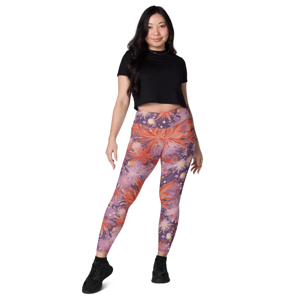 Coral Dusk Bloom on Leggings with Pockets — Front