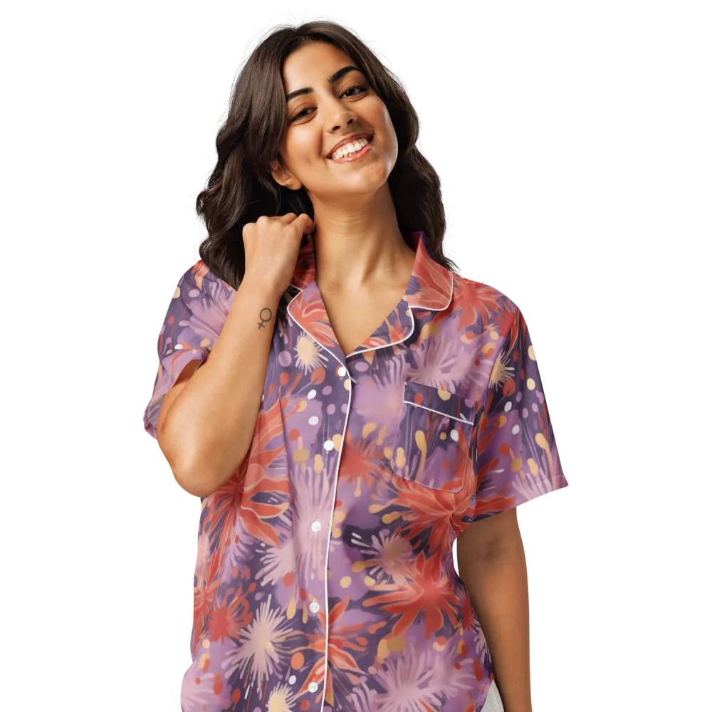 Coral Dusk Bloom on Women's Short Sleeve Pajama Top — Front