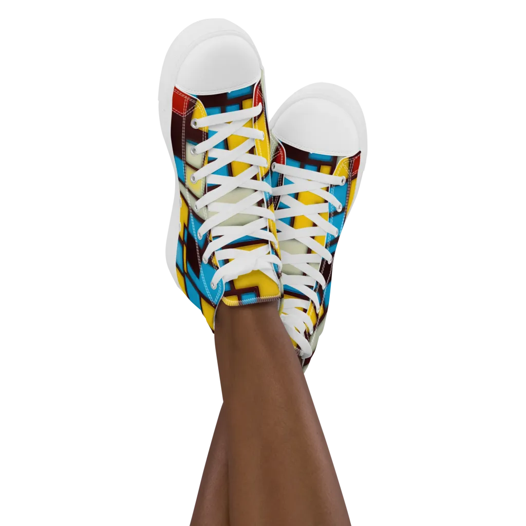 Burgundy Bauhaus on Women's High Top Canvas Shoes — Front