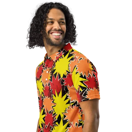 Pop Art Detonation on a Men's Slim Fit Polo Shirt