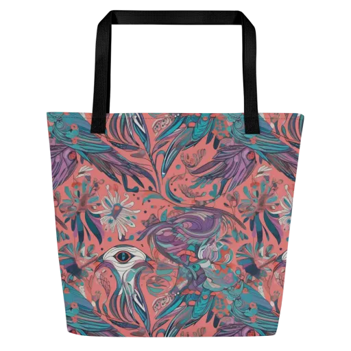Coral Aviary on a Large Tote Bag W/ Pocket