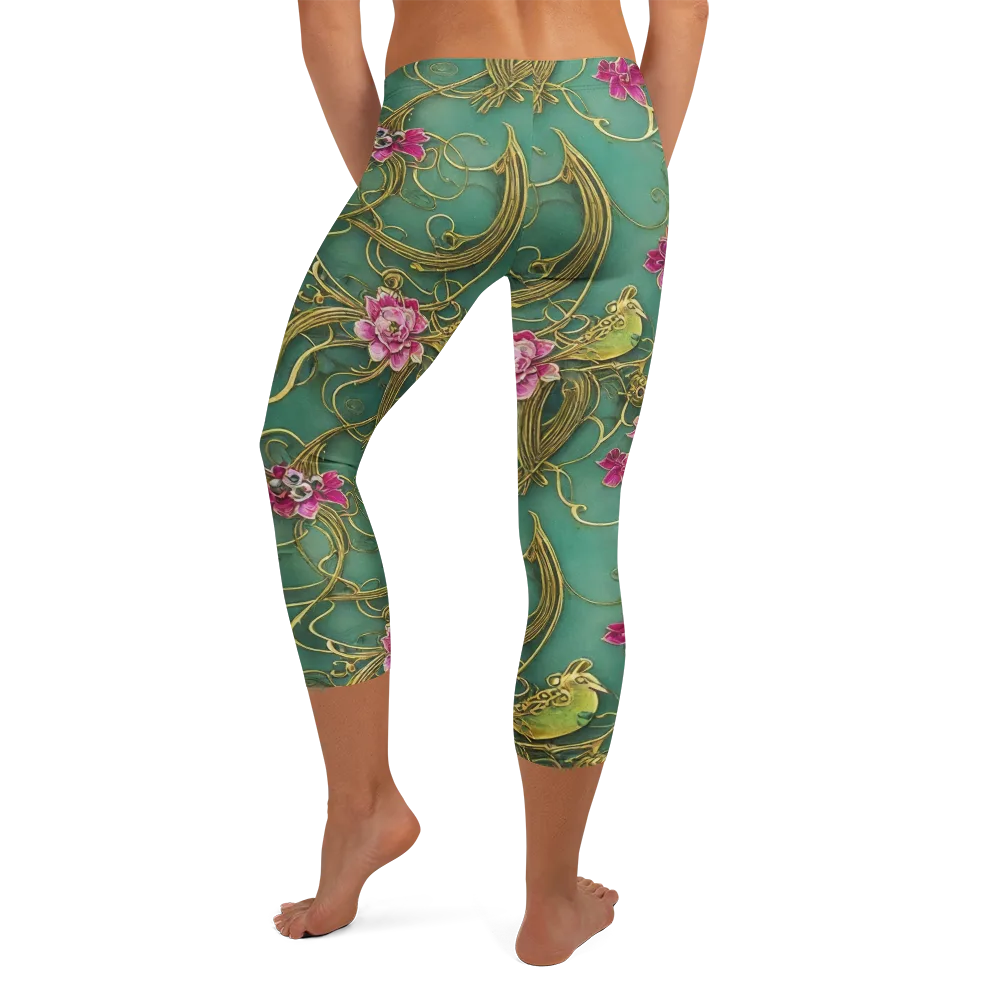 Verdigris Aviary on Capri Leggings — Back