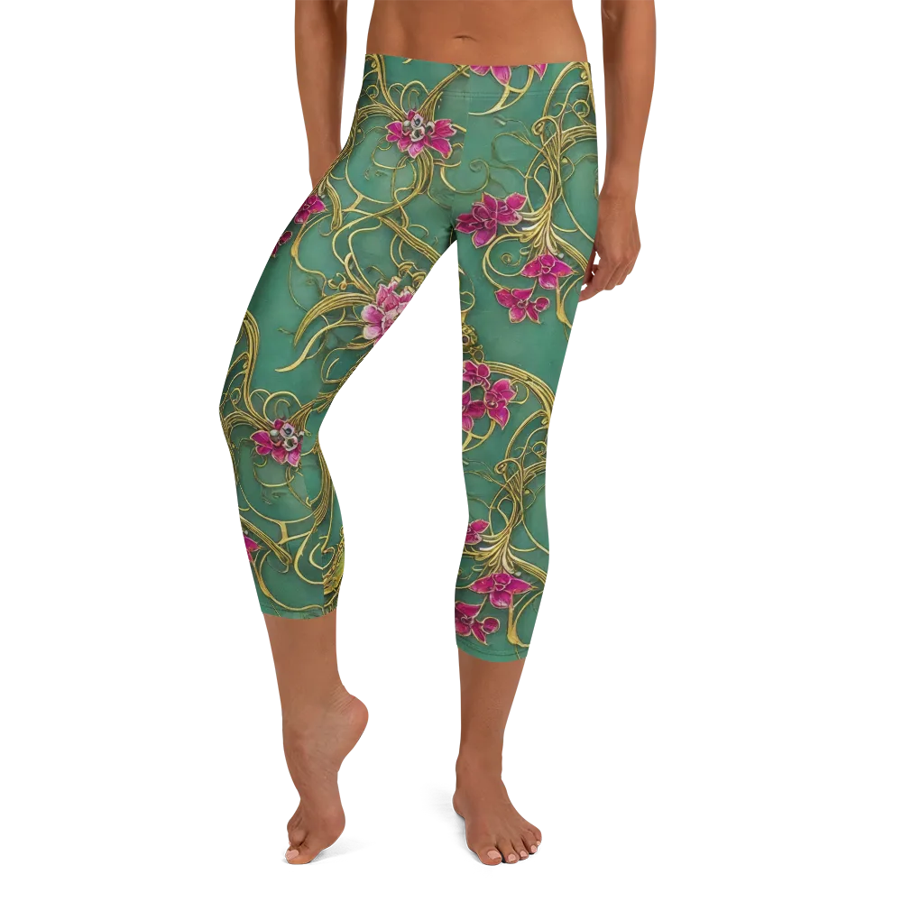 Verdigris Aviary on Capri Leggings — Front
