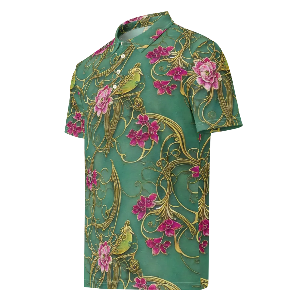 Verdigris Aviary on Men's Slim Fit Polo Shirt — Left Front