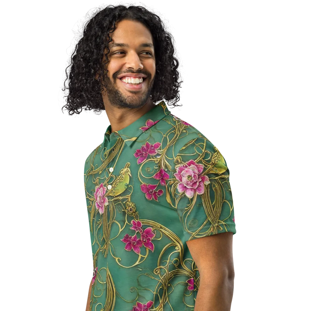 Verdigris Aviary on Men's Slim Fit Polo Shirt — Left Front