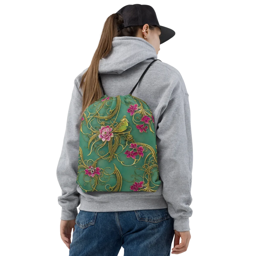 Verdigris Aviary on Drawstring Bag — Front