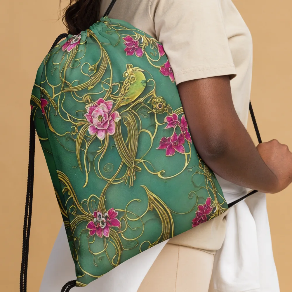 Verdigris Aviary on Drawstring Bag — Front